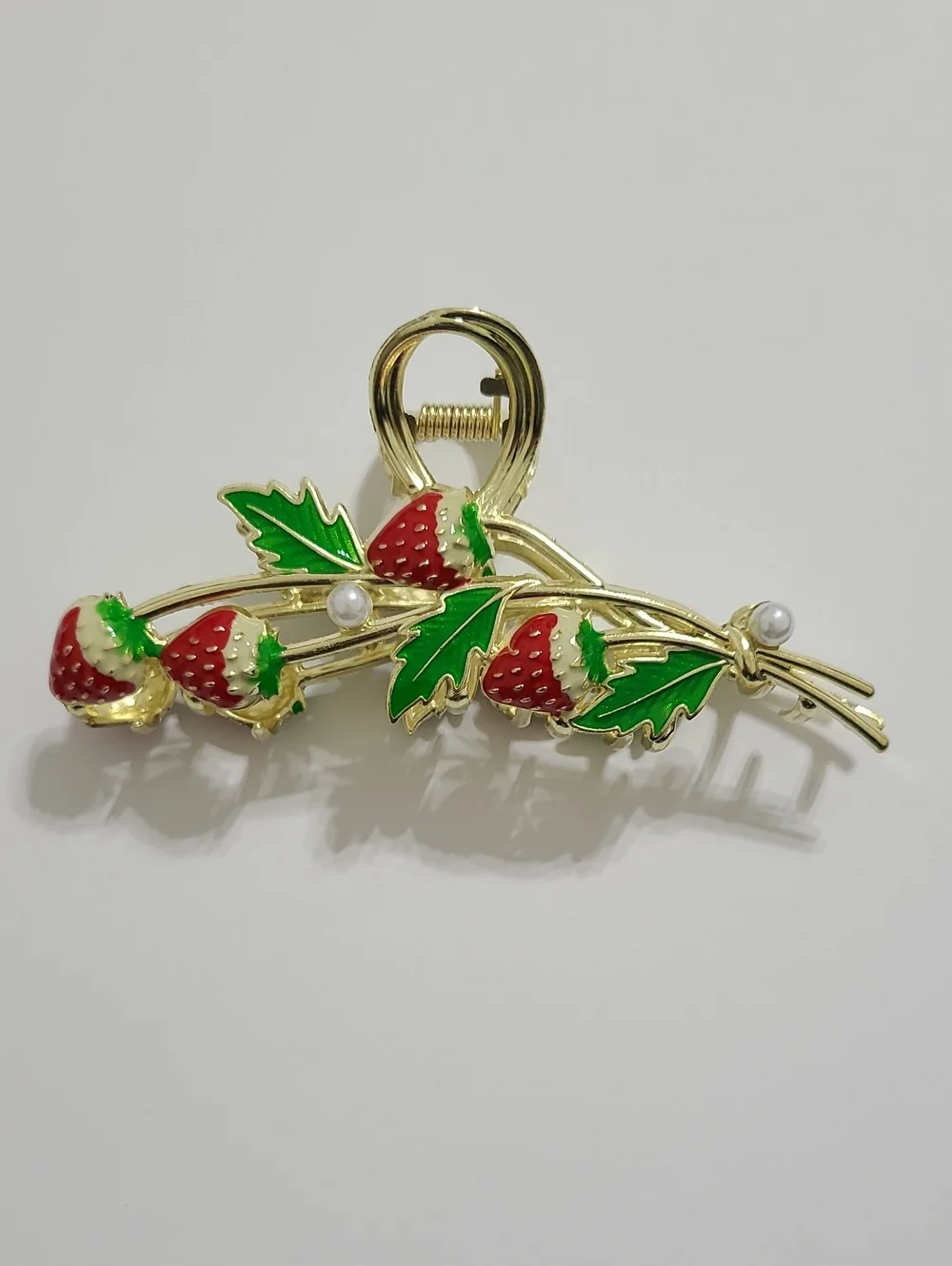 Gold-tone Strawberry Leaf Hair Claw Clip with Red & Green Enamel NWOT